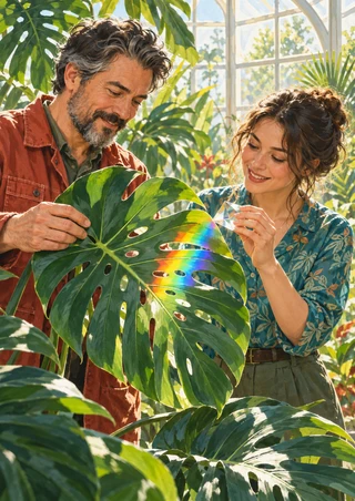 Two adults examining a large split-leaf philodendron as a small prism casts a rainbow band across a leaf in a bright greenhouse.