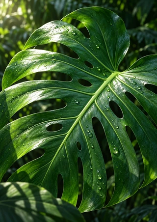 Close-up of a glossy green monstera leaf with water droplets against blurred foliage.