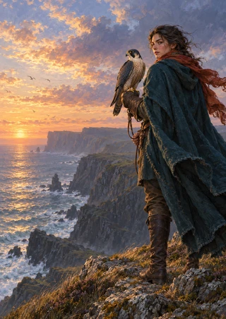 Cloaked falconer looking back with a falcon on a gloved arm above coastal cliffs and sea at sunrise.