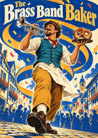 Street musician in teal and ochre plays a silver trumpet and holds pretzels above a festival crowd, with cobalt and gold ribbons behind him.
