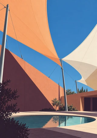 Modern courtyard beneath peach and ivory fabric canopies, with terracotta walls, blue sky, planting, and a reflecting pool.