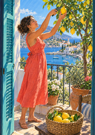 Woman in a coral dress reaching into a lemon tree on a balcony overlooking a harbor, with a basket of lemons in the foreground.