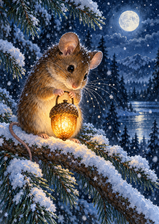 Small mouse holding a glowing acorn-shaped lantern on a snowy evergreen branch beneath a full moon.