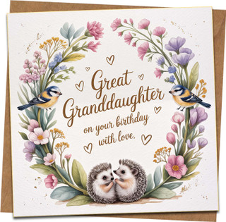 Great Granddaughter Birthday Card – Floral Hedgehog & Blue Tit Design, 145mm x 145mm Square, with Kraft Envelope – Cute Nature Theme, Heart Detail, Quality Greeting Card