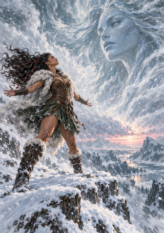 Winter-clad woman with outstretched arms on a snowy rock ledge beneath a giant translucent face in a swirling blizzard above an icy valley at sunset.