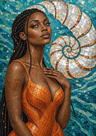 Mosaic portrait of a dark-skinned woman with long braids and an orange garment before a large cream-and-copper spiral on turquoise tiles.