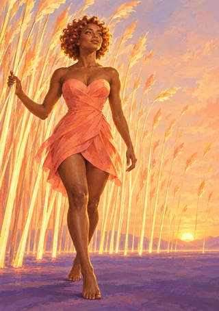 A barefoot auburn-haired woman in a coral-pink layered dress walks through tall reeds beneath a low glowing sun.