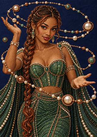 Fantasy portrait of a woman in a green beaded outfit with a long braid, surrounded by looping pearl and colored-bead strands.