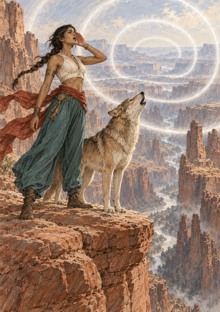 Woman in a cream wrap top beside a howling wolf on a desert cliff overlooking layered mesas and pale glowing rings.