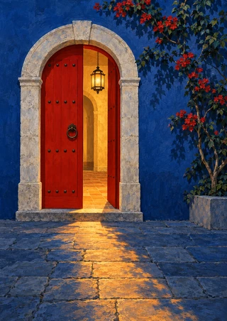 Open vermilion door in a pale stone arch, with a hanging lantern, amber-lit interior, blue courtyard wall, and flowering vine.