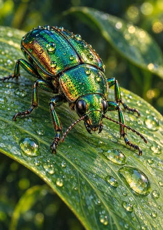 Metallic green and blue beetle with copper highlights crawling across a wet leaf covered in droplets.