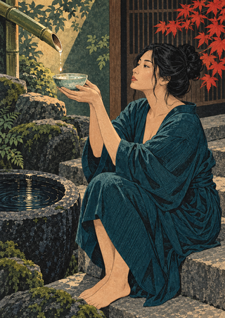 A barefoot woman in a teal robe catches water in a bowl beneath a bamboo spout beside a stone basin and red maple foliage.