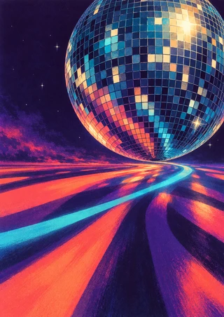 Large mirrored disco ball above sweeping coral, violet and cyan color bands on a deep plum background.