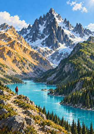 Snowy serrated mountain peaks above a turquoise alpine lake, with ochre and evergreen slopes and a small red-jacketed hiker on the rocky shore.