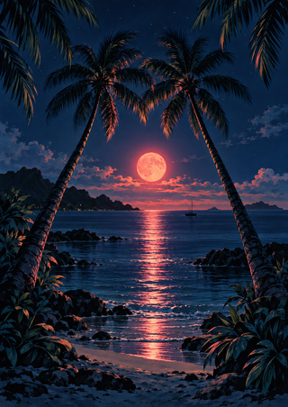 Two leaning palms frame a moonlit ocean inlet with a small boat near the horizon and a coral-pink reflection across the water.