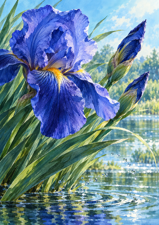 Large blue-violet iris with two buds and sweeping green leaves beside an aqua pond with droplets and ripples.