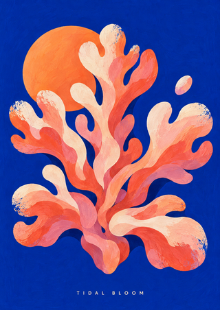 Warm coral-like branching form with a partly hidden orange disk and small oval against vivid blue, with TIDAL BLOOM lettering at the bottom.