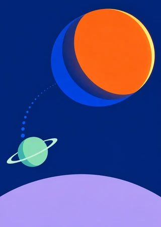 An orange sun partly overlapped by a blue crescent, with a mint ringed planet, dotted curve and pale lavender arc on deep blue.