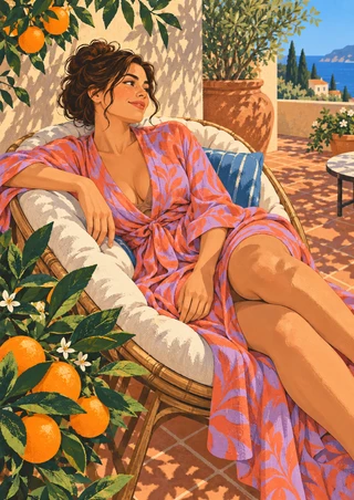 Adult woman in a coral-and-lilac patterned robe reclining in a wicker chair beside orange trees on a sunny patio.