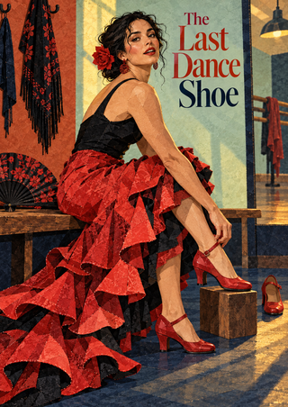 Adult dancer in a red ruffled skirt seated on a studio bench and reaching toward her shoe, with a fan and hanging shawls.