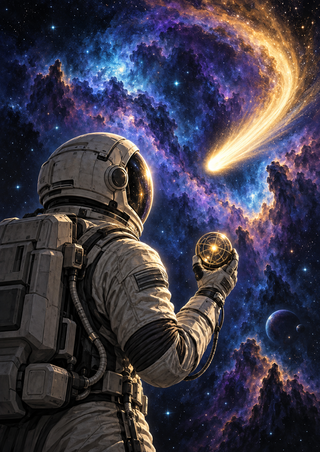 A suited astronaut holds a glowing wireframe sphere while watching a bright comet curve across a cobalt and violet nebula.