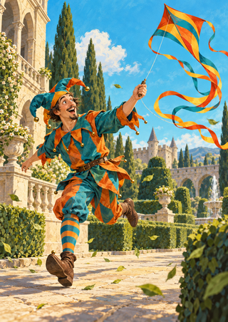Adult jester in teal-and-orange patchwork running along a garden path with a ribbon-shaped kite overhead.
