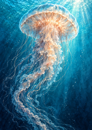 A large translucent jellyfish with a peach and rose-gold bell and trailing strands suspended in turquoise water.