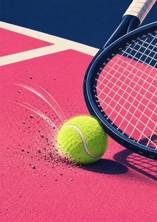 Chartreuse tennis ball beside a large dark-blue racket on a vivid pink court with white lines and scattered grit.