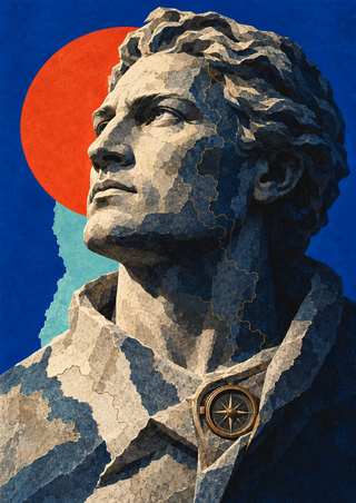 A faceted stone bust of an adult navigator with a brass compass on the chest and an orange disk against a deep-blue background.