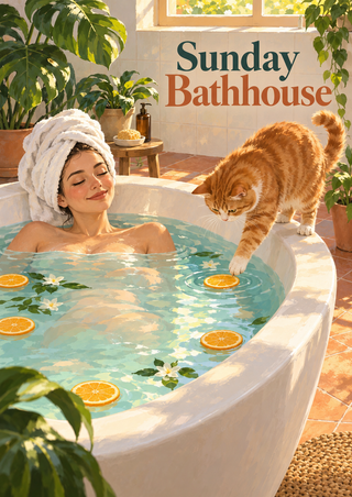 Illustrated bath scene with a towel-wrapped woman in an aqua bath and a ginger cat reaching toward a floating orange slice.
