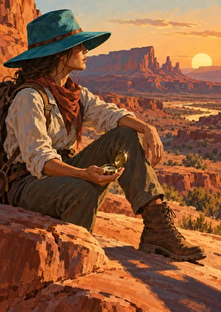Adult traveler in a turquoise hat sits on a sandstone ledge with an open compass, looking toward red mesas beneath a low sun.