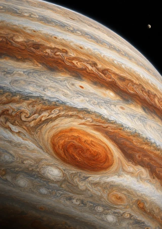 Close view of Jupiter's swirling cream and ochre cloud bands and large rust-orange Great Red Spot, with a small moon in space.