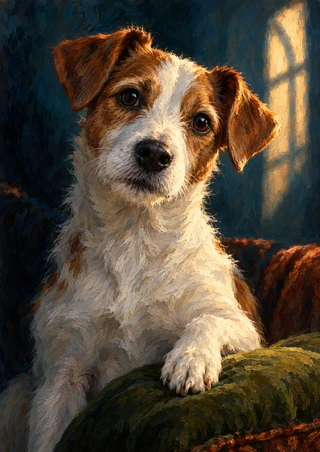 White-and-copper terrier seated with one forepaw on a moss-green cushion against a dark interior with warm window-like light.