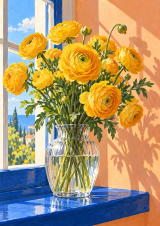 Golden ranunculus blooms and buds in a ribbed clear glass vase with visible stems and water, set on a cobalt-blue sill beside an open window and sunlit peach wall.