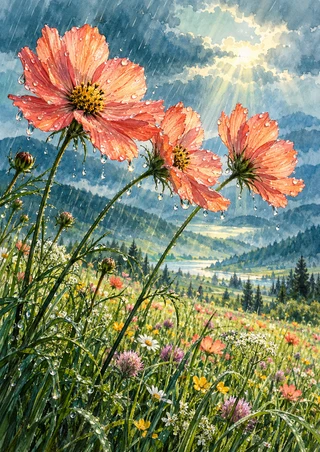 Three coral-pink cosmos-like flowers above a dense meadow, with rain droplets, a bright break in the clouds and distant blue-green hills.