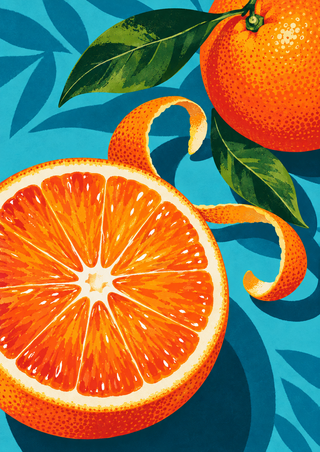 Graphic orange still life with a large cut orange half, cropped whole orange, curling peel, and dark green leaves on a turquoise ground.