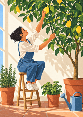 Adult gardener in blue overalls reaching for a lemon on an indoor citrus tree, with pots and a watering can below.