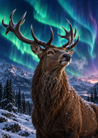 Large brown stag with branching antlers in a snowy mountain clearing beneath emerald and turquoise aurora ribbons.