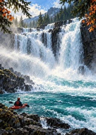Tiered waterfall pouring into turquoise water above a small red kayak, with dark rocks, evergreen boughs, and copper leaves.