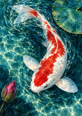 White koi with vivid red markings turning through turquoise water, with a lily pad and magenta lotus bud.