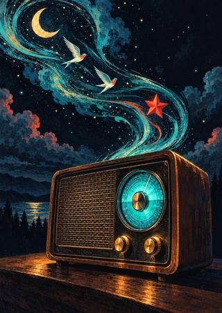 Vintage-style tabletop radio with a glowing turquoise dial beneath a celestial ribbon carrying a crescent, two birds, and a red star.