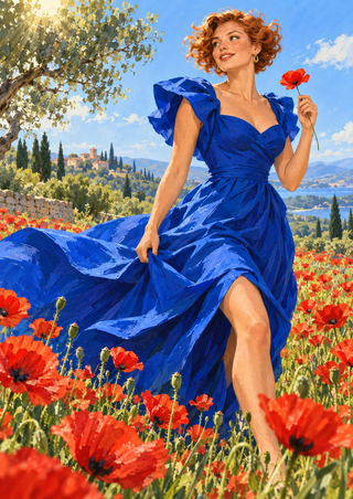 Copper-curled woman in a flowing cobalt-blue dress steps through red poppies, holding one flower near her shoulder against a sunny landscape.