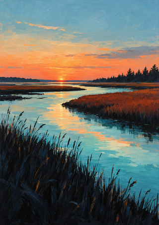 Painterly sunset marsh landscape with a winding turquoise inlet, dark reed banks, rust-colored grasses, distant trees, and apricot horizon.