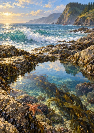 Reflective rocky tide pool with kelp and an orange sea star in front of a wave and green coastal headland.