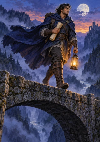 Cloaked mountain messenger carrying a map and lit lantern strides across a stone bridge above a misty ravine beneath a full moon.