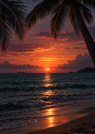 Coral-orange sunset over teal water, framed by silhouetted palm fronds, with reflected light reaching a foamy beach.