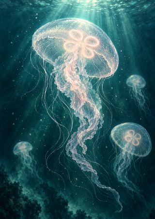 Large translucent jellyfish with trailing tentacles floats above two smaller jellyfish in deep teal water lit by aqua rays.