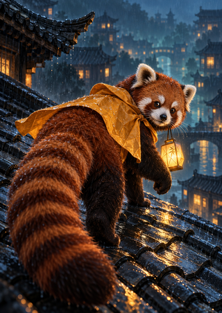 Red panda in a saffron cape looking back on a rain-slick rooftop, with a broad striped tail and glowing lantern against a hazy blue-teal city.