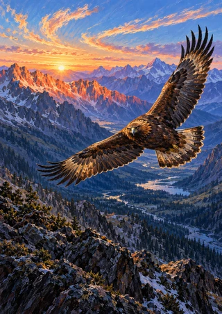 Large eagle flying above a blue-violet mountain valley with orange sunrise light on the ridges.