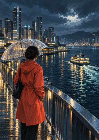 Vermilion-coated figure under a transparent umbrella on a wet harbor walkway, facing a lit ferry and city skyline.